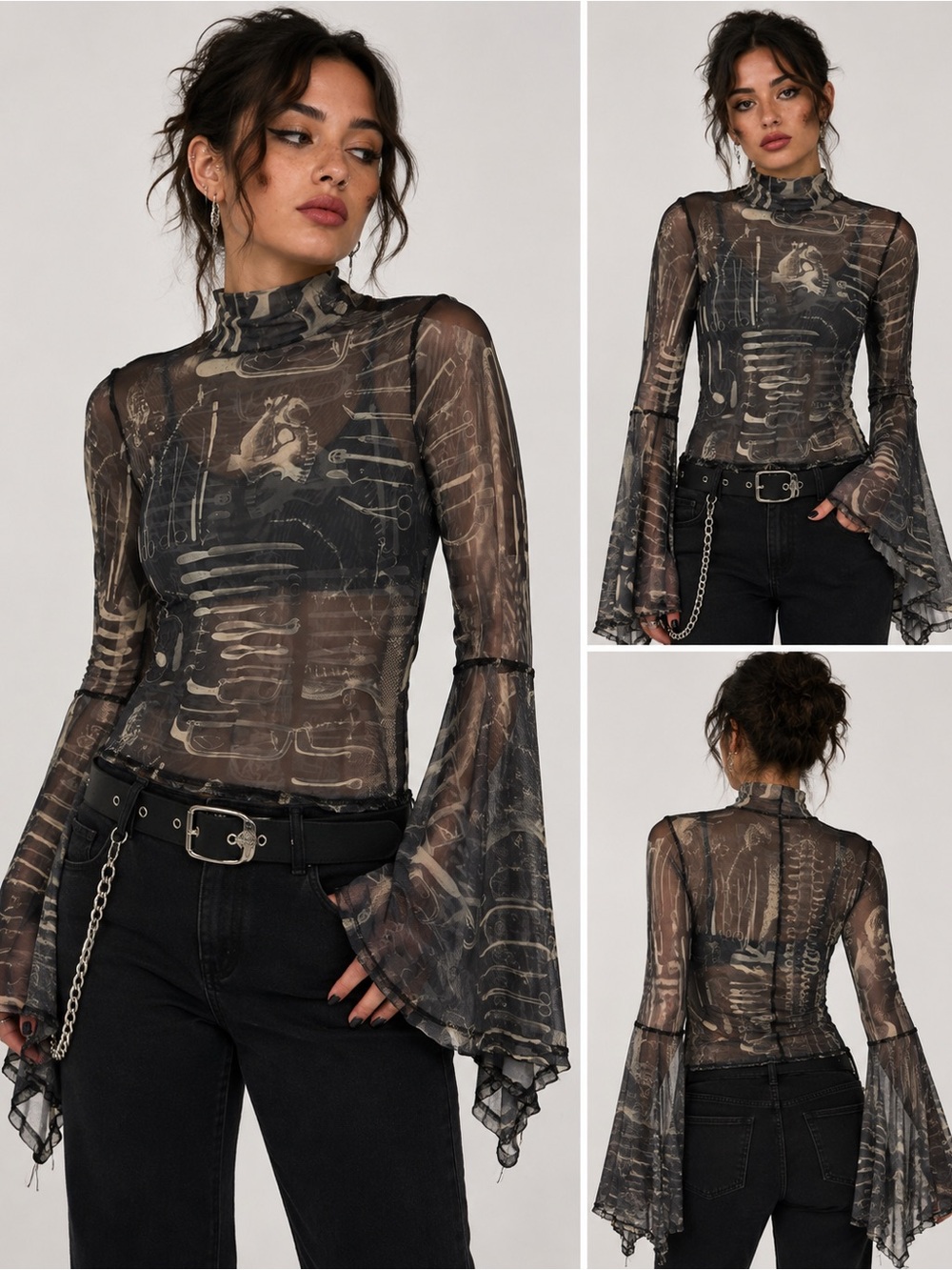 Social Collision Anatomical Medical Print Sheer Mesh Bell Sleeve Top Y2K Goth